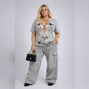 Gray Skull Graphic Strappy Cutout Tee | Edgy Gothic Streetwear | SHEIN | Large